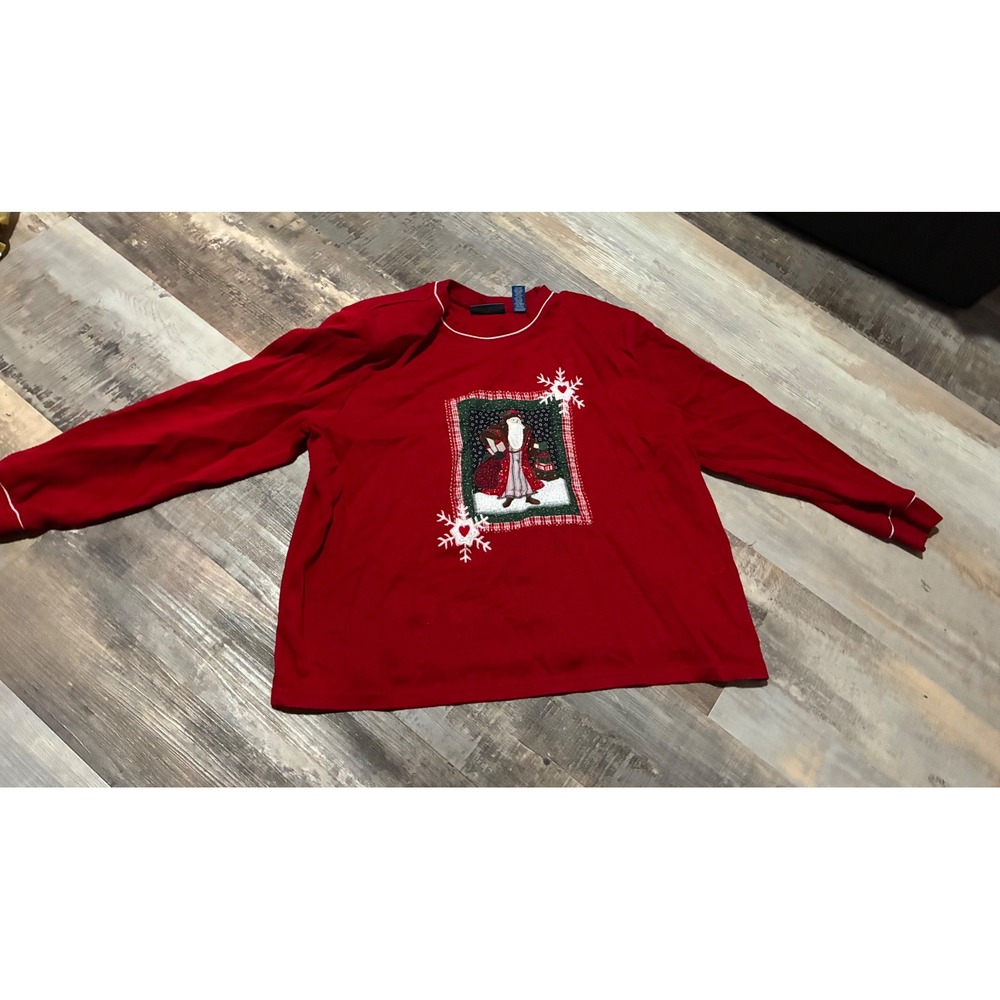 Karen Scott Sport Red Christmas Santa Snowflake Top PXL Petite XL Long Sleeve